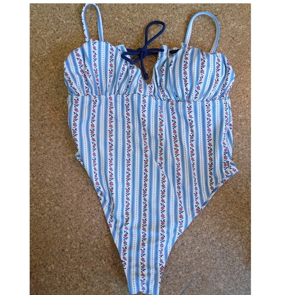 Kacey Lee Womens One Piece Swimsuit Large Blue White Striped Floral Ruffle Tie